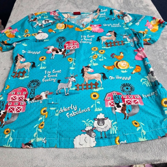 Dickies Tops - Dickies Shirt Womens Blue V-Neck Scrub Top Farm Animal Print-Vet Tech